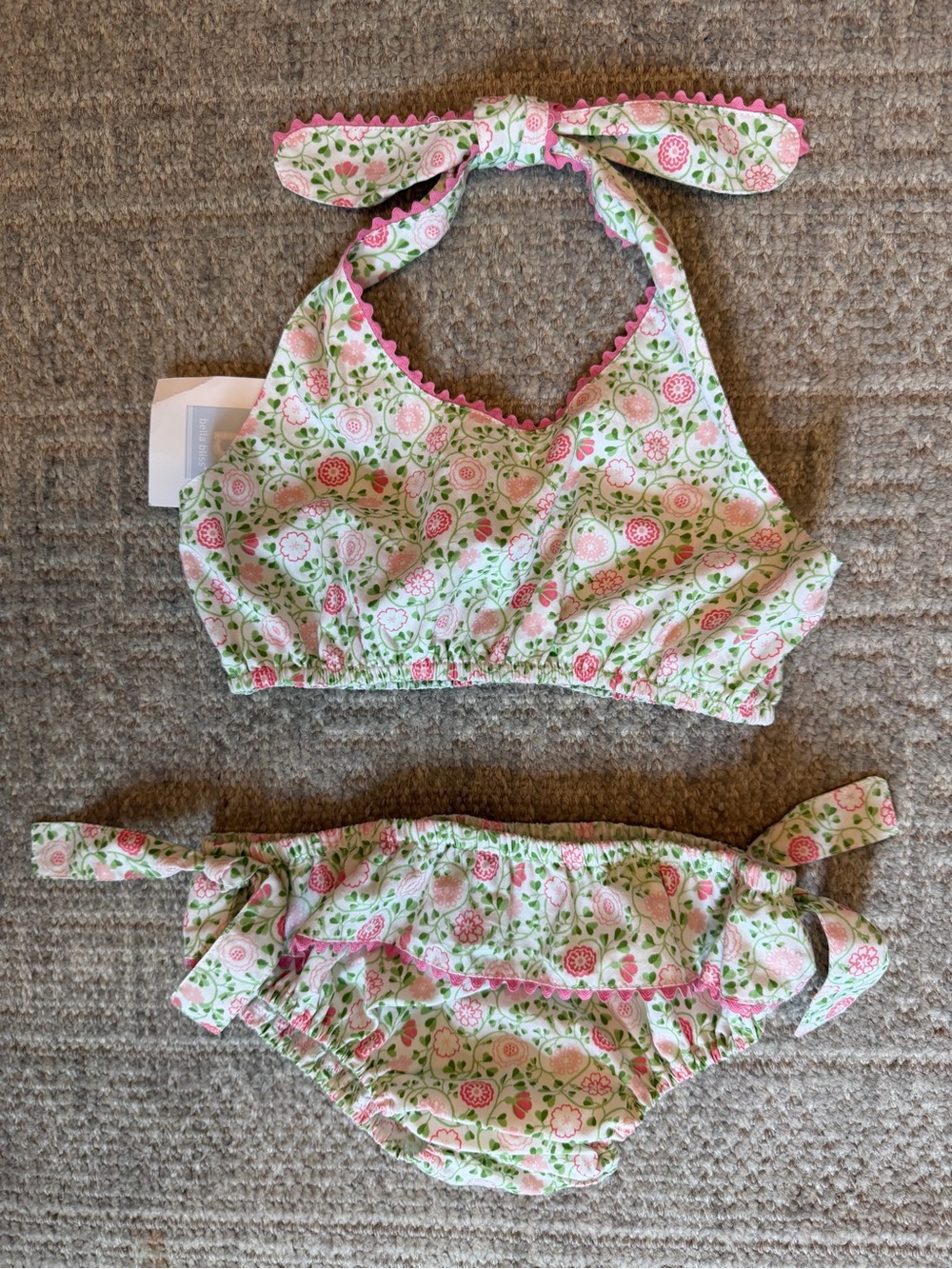 NWT Bella Bliss girls Floral Pink & Green ric rac bikini size 8